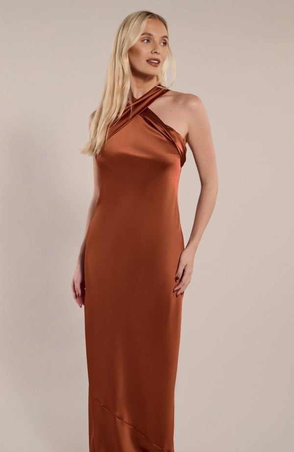 Rewritten London Roma Dress in Cinnamon Satin
