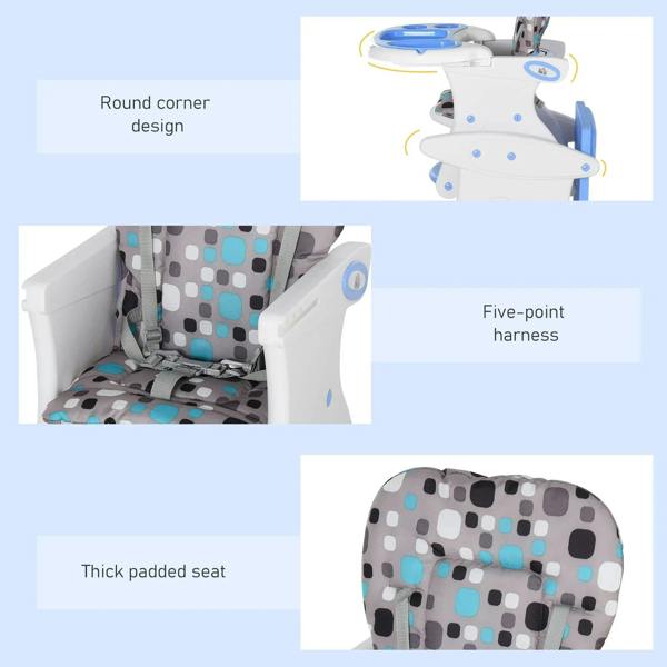 Blue baby high chair with thick padded seat, rounded edges, and five-point harness
