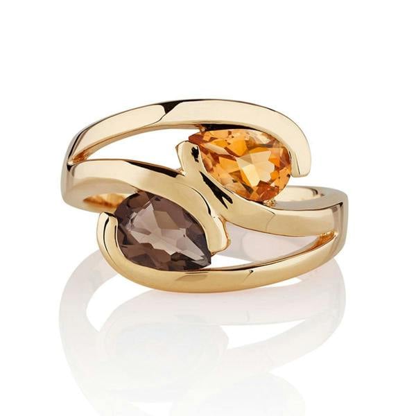 namana Gold Vermeil Ring with Pear-Shaped Citrine & Smoky Quartz Gemstones