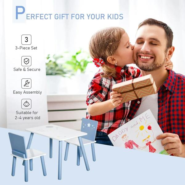Kids 3-piece table and chairs set with blue backrests and white tabletop