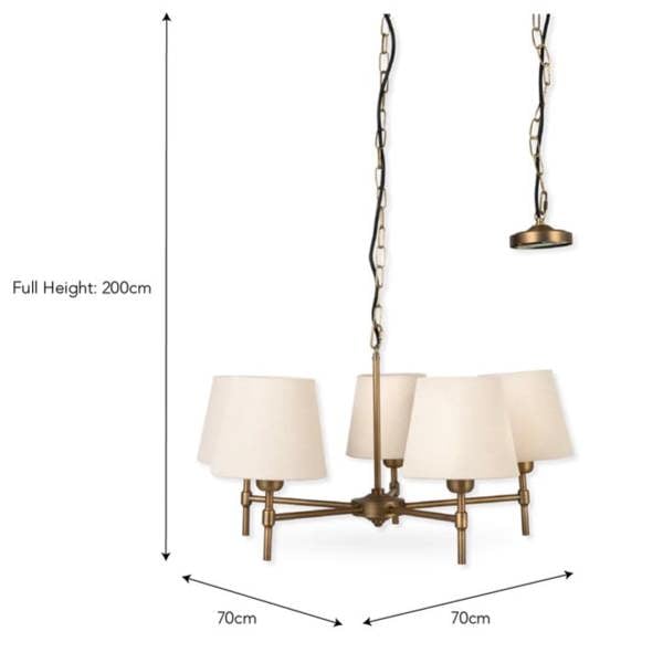 A technical product dimension diagram of the antique bronze 5-light chandelier showing full height and width measurements against a white background by Abode Home & Gifts.