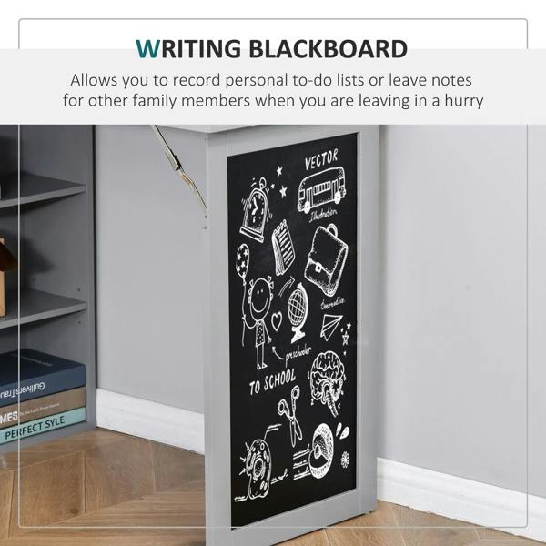 Grey folding desk side chalkboard panel with white doodle icons