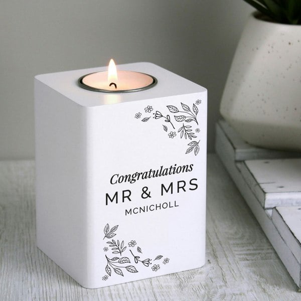 Personalised Memento Company Personalised Floral Leaf White Wooden Tea Light Holder
