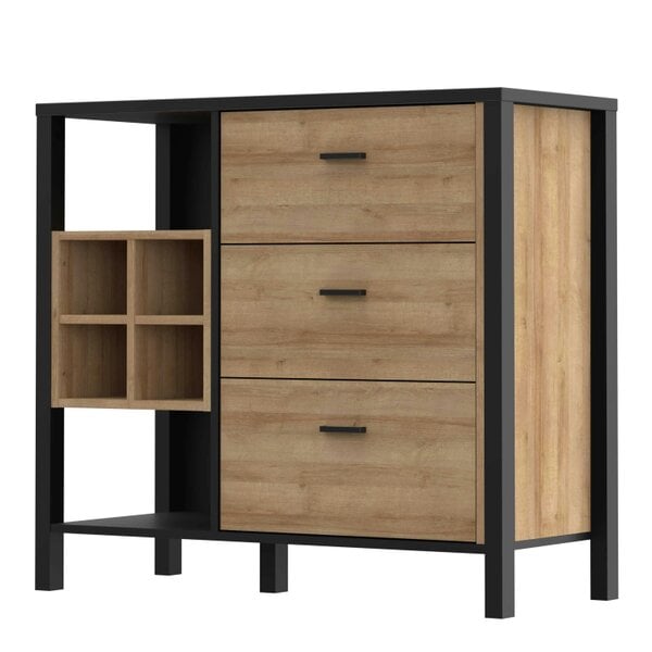 Wyld Haus Yokohama Black and Natural Oak Wood 3 Drawer Display Chest Bar Cabinet