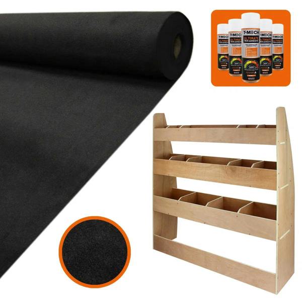 Black van lining roll with smooth texture, glue bottles, and a wooden rack with multiple storage compartments