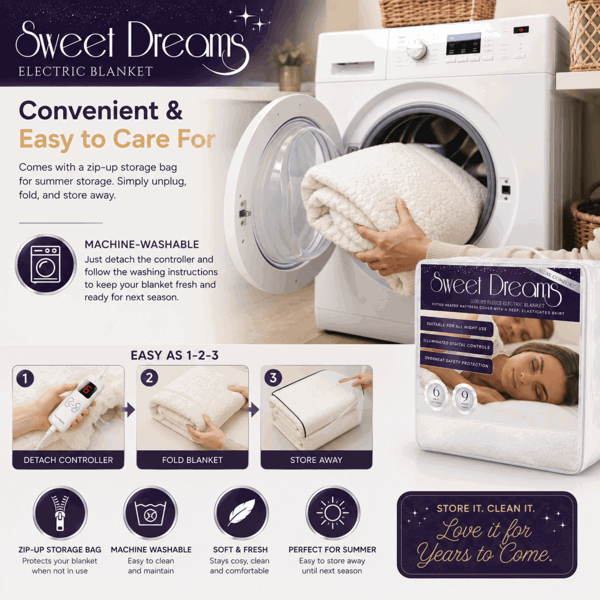 Sweet Dreams Luxury Fleece Electric Blanket Single Size, Machine Washable Underblanket, Digital Control, Overheat Protection