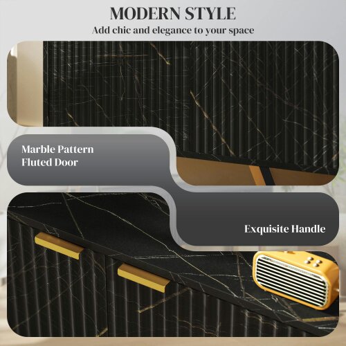 Wyld Haus Baseva 140cm Wooden Black and Gold Marble Effect TV Unit With Fluted Doors For Screens Up To 70 Inches