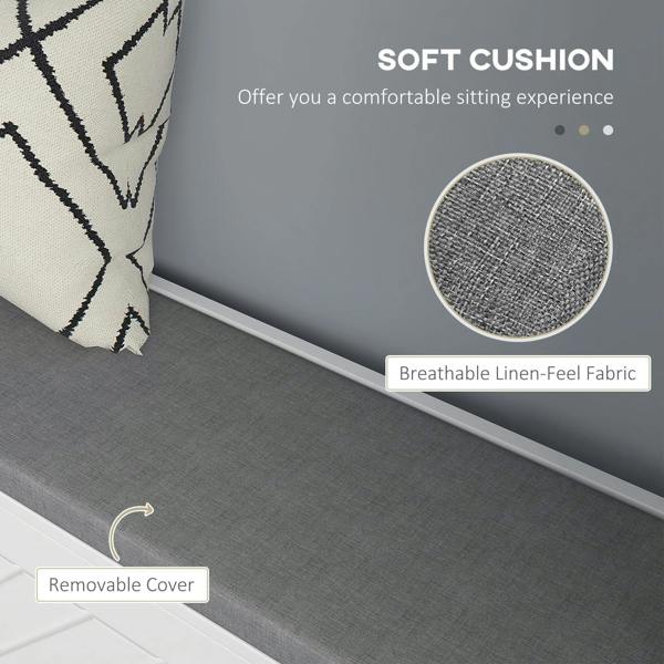 Gray upholstered bench cushion with removable cover and textured fabric