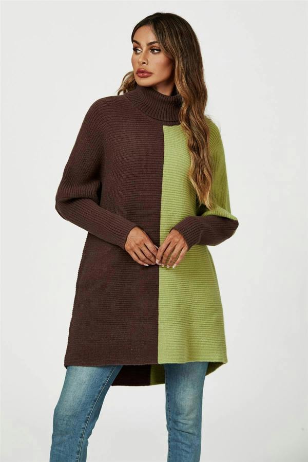 FS Collection High Neck Half Brown & Green Block Colour Jumper Top