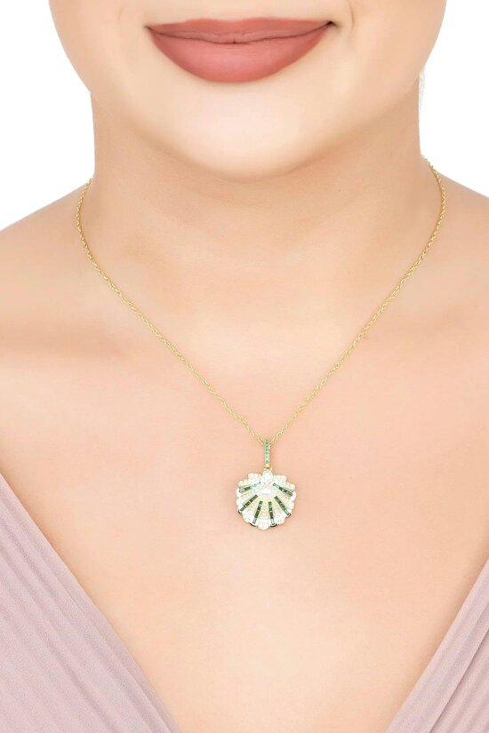 Latelita Art Deco Scallop Shell Pendant Necklace Emerald Green With Pearl Gold
