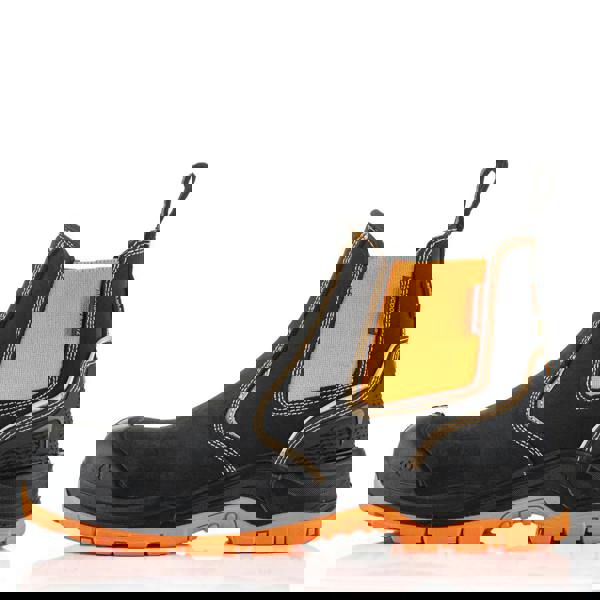 Buckbootz BVIZ3 Mens Pull On S7S Dealer Chelsea Safety Ankle Boots, black safety work boots with orange sole and heel, slip-on design, reinforced toe, and elastic side panels for easy wear.