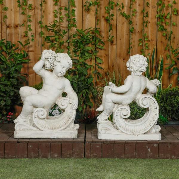 Very Large Pair of Cherub Statues with Fancy Columns 