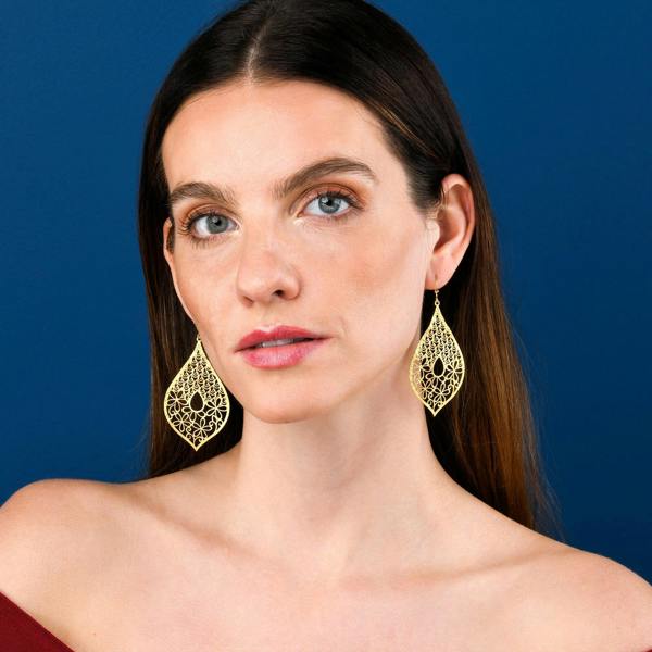 namana Gold Large Leaf Shaped Teardrop Dangle Earrings for Women