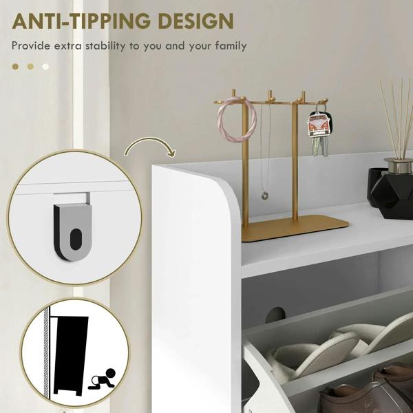 White anti-tipping shoe cabinet with secure hardware and open shoe storage shelves