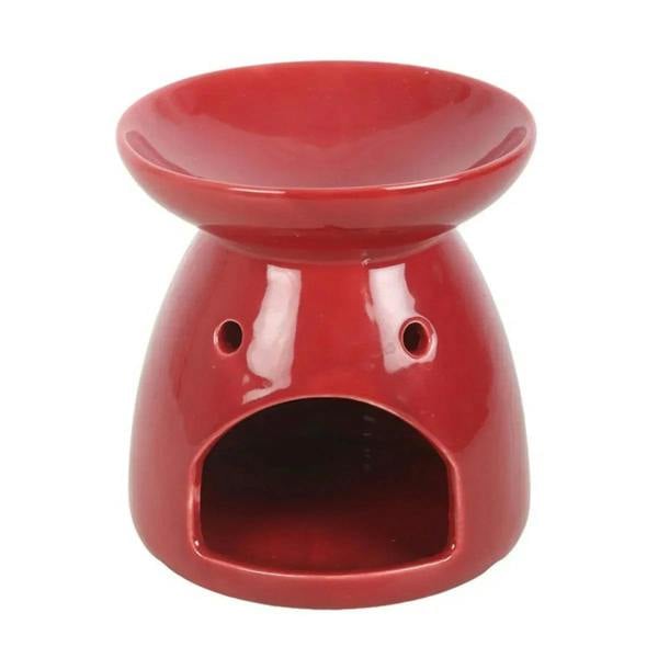Red ceramic oil burner with open top and two side vent holes