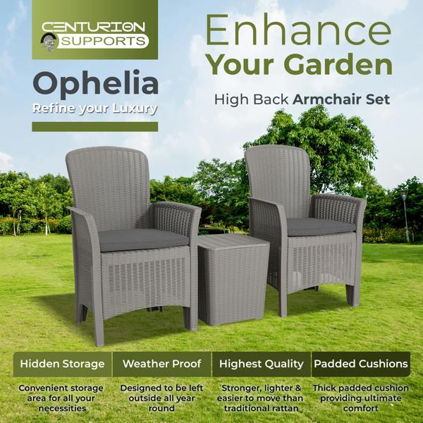 Homeology OPHELIA 3-Piece Rattan Garden Furniture High Back Armchair Set with Side Table in Grey