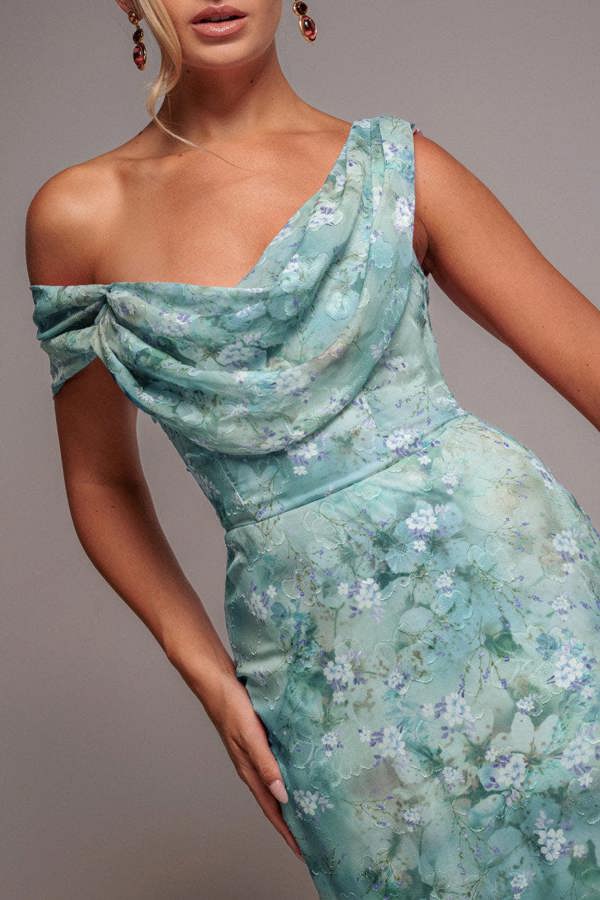 Goddiva One Shoulder Cowl Neck Chiffon Floral Maxi Dress - Blue by Goddiva