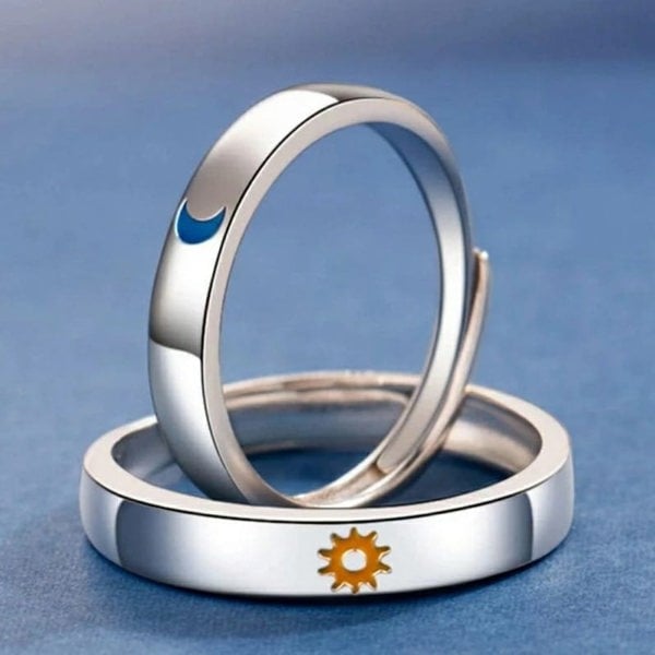 The Colourful Aura Adjustable Silver Couple Moon and Sun Matching Promise Ring set