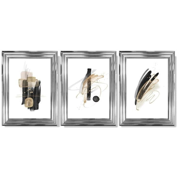 Set of 3 Abstract Black and Gold Fiesta Framed Art Prints with Glossy Chrome Frames