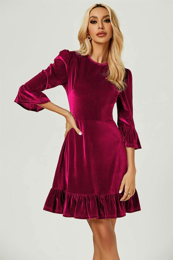 FS Collection Velvet Frill Detail Mini Dress In Violet
