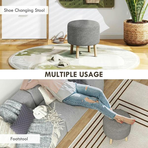 Light grey round storage ottoman, styled as side table or footstool
