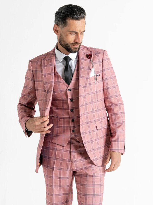V2 Classic Kensignton Three Piece Suit - Rose with White and Navy Blue Checks