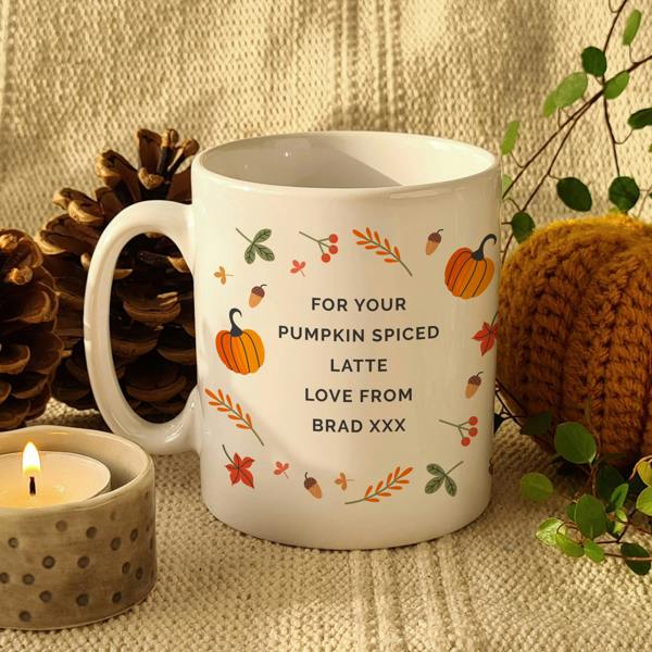 Reverse side of personalised ceramic pumpkin mug printed with custom text FOR YOUR PUMPKIN SPICED LATTE LOVE FROM BRAD XXX