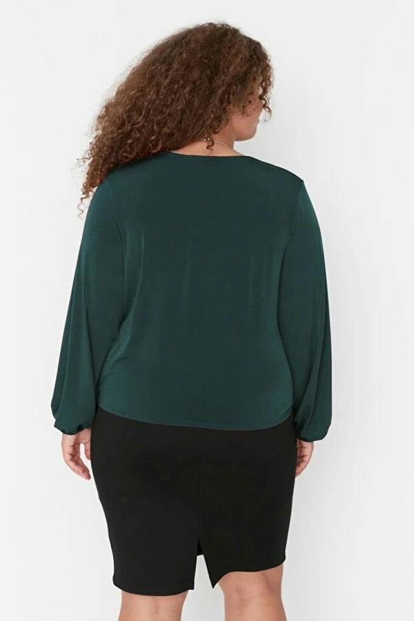 WOVCOR Balloon Sleeve Wrap Collar Knitted Blouse