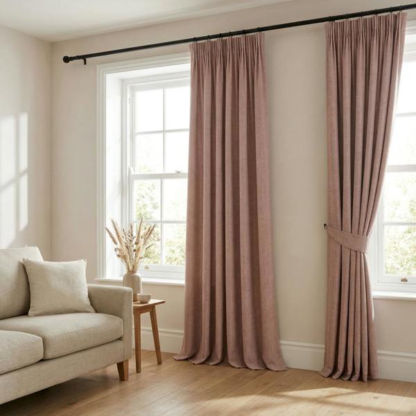 Prima made-to-measure curtains in Heather, styled in a living room