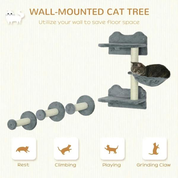 Grey wall-mounted cat tree with two platforms, hammock perch, and circular scratching discs