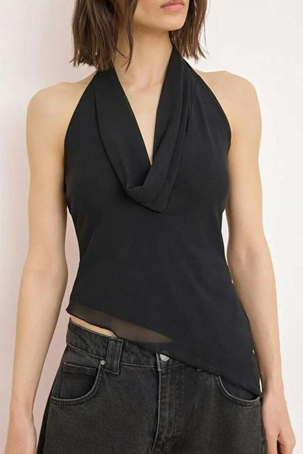 WOVCOR V-Neck Asymmetrical Cut Tulle Party Blouse