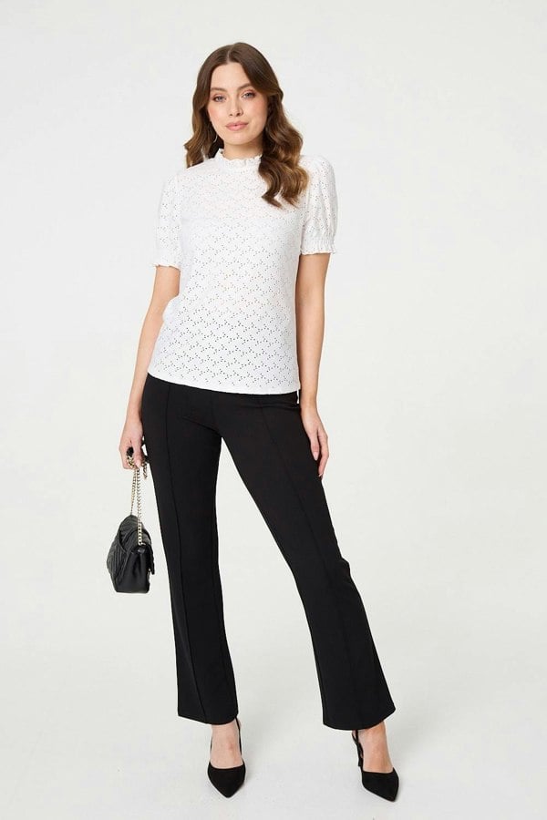 White | Lace Texture Frilled Short Sleeve Blouse
