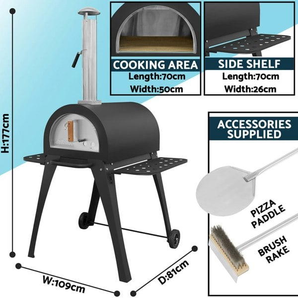 14" Outdoor Wood-Fired Pizza Oven & Smoker - Black Steel - Side Shelves & Stand - LoopsDirect