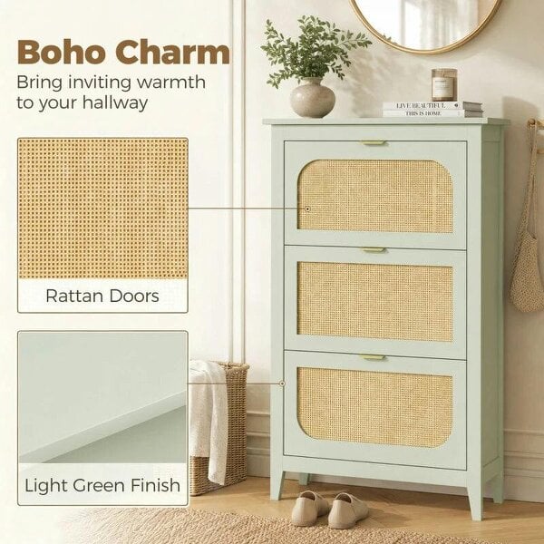 Bobobiy Narrow Shoe Cabinet, Boho Slim Shoe Storage Cabinet with 3 Flip Drawers, Holds 21 Pairs, Light Green