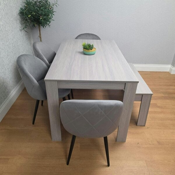 Kosy Koala Light Grey Arrow Pattern Dining Table Set with 4 Grey Velvet Chairs & Bench, 140x80x75cm