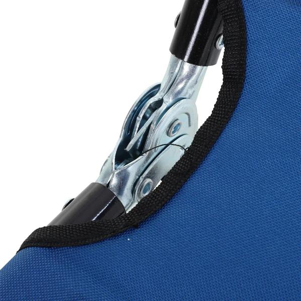 Blue mesh sun lounger joint detail with black strap and silver metal bracket