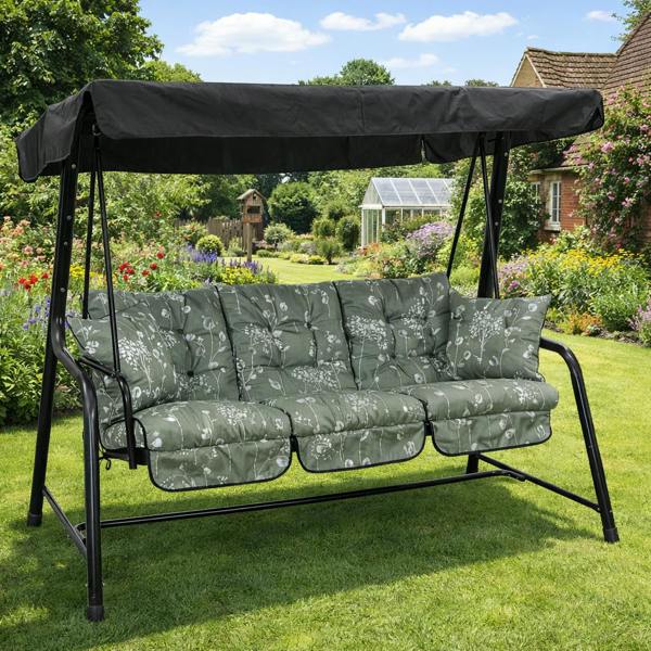 Vienna Deluxe 3 Seater Garden Hammock with Canopy - Free Standing Swing Seat 173cm (L) x 160cm (H) Renaissance Grey (Black Frame) The Garden Furniture Shop