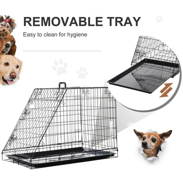 Black wire dog travel crate with removable tray and cleaning-friendly base