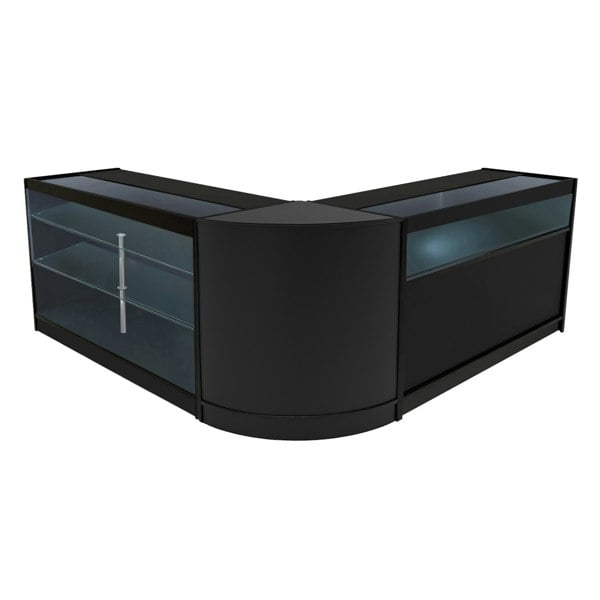 Triton LED Shop Counter Set in sleek black, featuring glass display sections and a modern, curved design for retail spaces