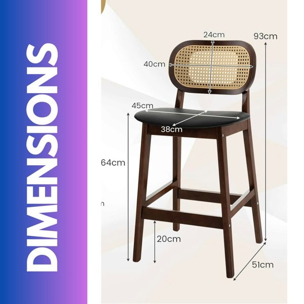 Rafaelo Mobilia Set Of 2 Faux Leather Bar Stools With Rattan Back and Wooden Legs Brown