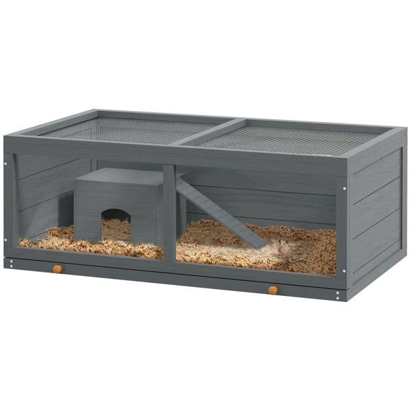 Grey wooden hamster cage with mesh top, open front, and small hut inside