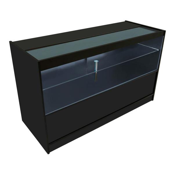 Vega LED Shop Counter Set in black with sleek glass display, featuring a spacious top and illuminated interior for showcasing products