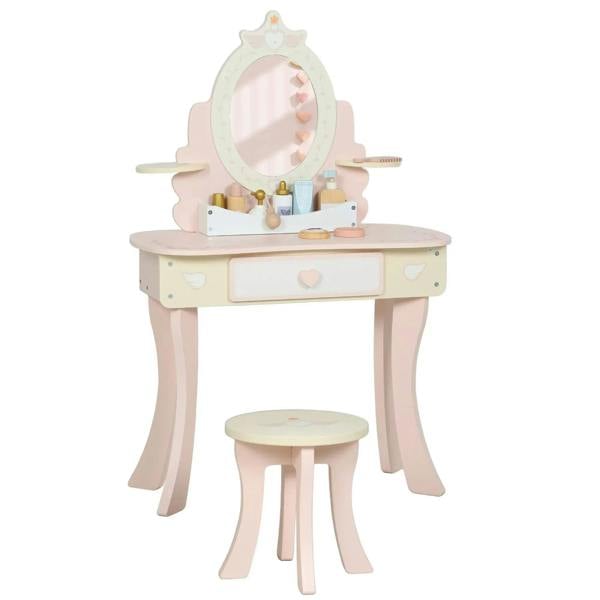 Kids pink vanity dressing table set with oval mirror, heart drawer front, and round stool