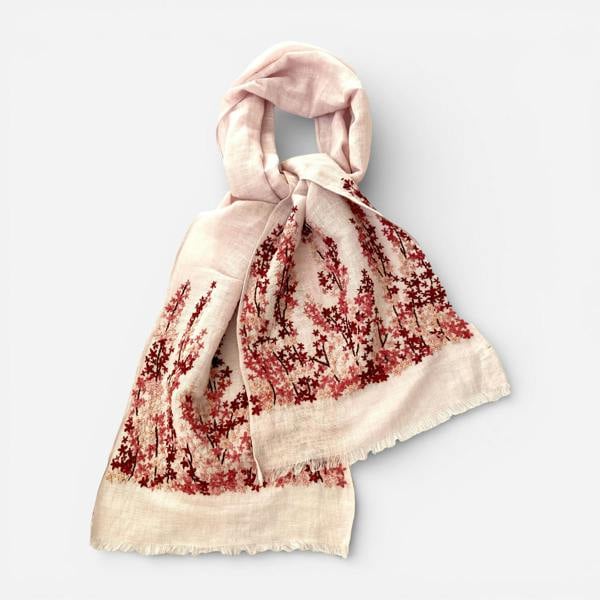 Hayley & Co Hand Embroidered 100% Linen Scarf in Light Pink Meadow Floral