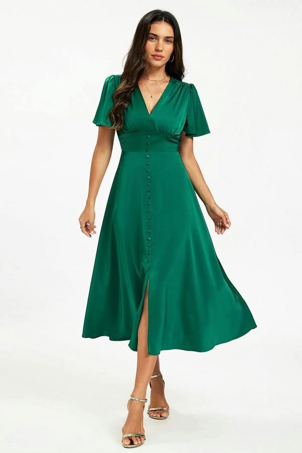 FS Collection Satin V neckline Button Detail Dress In Green