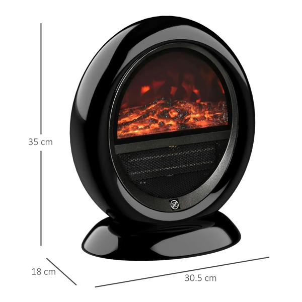 Black round tabletop electric fireplace heater, front flame window with mesh grille, size shown