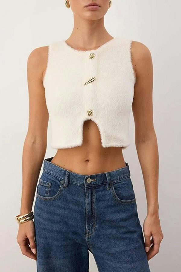 WOVCOR Plush Fitted Super Crop Knit Vest with Button Detail