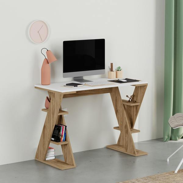Decortie Modern Papillon 106cm Working Desk Particleboard 3 Mini Shelves, Cross Design Legs H75xW106cm