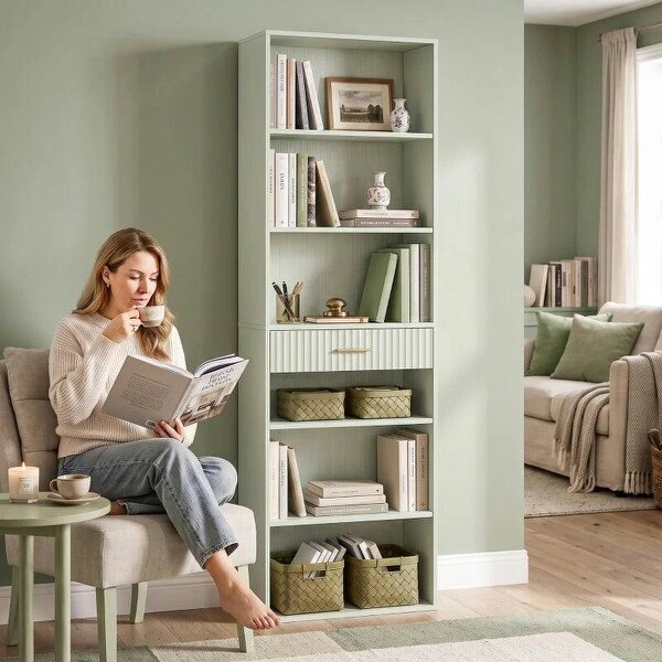 Bookcase Narrow Tall Space-Saving Bookshelf Drawer Open Shelves 60 x 24 x 182 cm Light Green