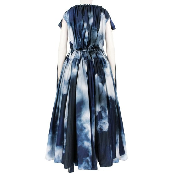 Alexander McQueen blue and white sky cloud pattered off the shoulder full dress